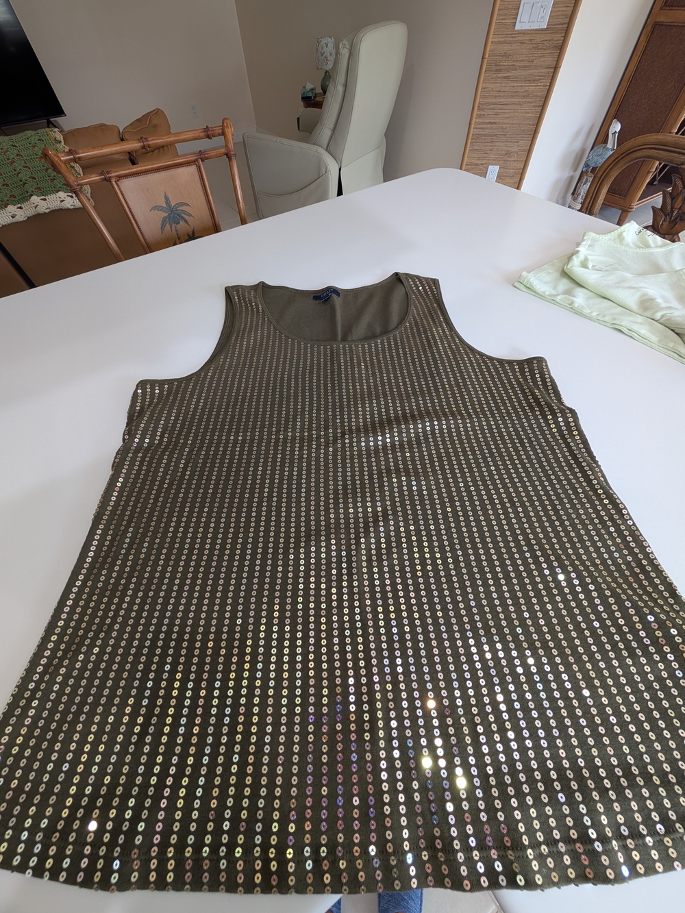 Chaps Women Olive Green Sequin Sleeveless Top